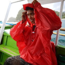 rain hiking in a poncho